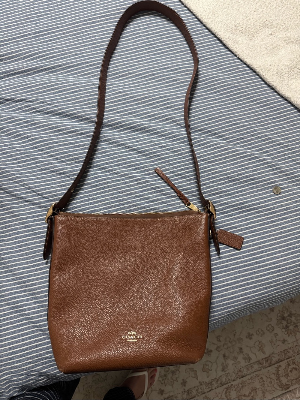 Coach Camel Brown Leather Crossbody Tote with Gold Zipper Detail - Picture 5 of 7